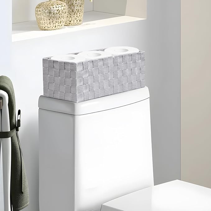 Toilet Tank Paper Basket Topper Set of 2, Waterproof Bathroom Basket with Divider for Organizer, Wicker Storage Baskets-Rustic Farmhouse Bathroom Decor