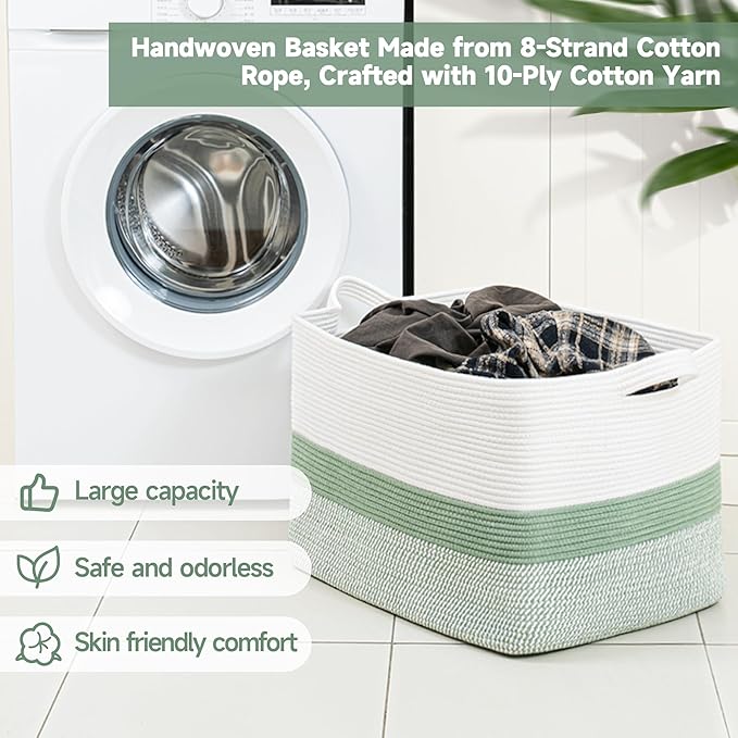 CLHMILY&Z Stylish Square Cotton Rope Storage Basket (Green & White, 85L)
