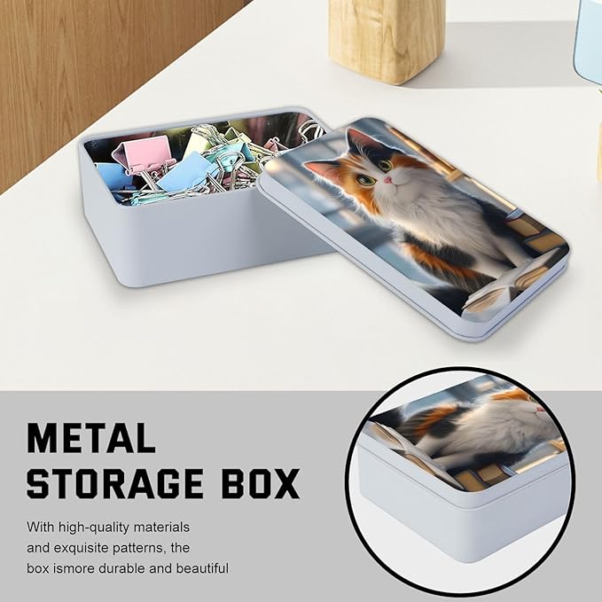 Metal Tin Box with Lid,Multi-functional Storage Box Can Store Tea Biscuits Game Cards, Playing & Tarot Cards-Comes with 4 Magnetic Cord Clips,Calico Cat with Books