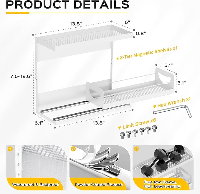 2 Tier Magnetic Storage Shelf with Pull Out Drawer, Height Adjustable Magnetic Organizer for Washing Machine & Fridge Side, No Drill Magnetic Rack for Laundry Room, Kitchen Storage (White)