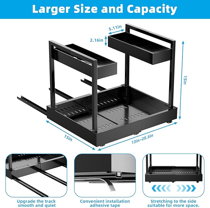 NEWMATIC Adjustable Under Sink Organizer Pull Out Drawers, 2-Tier Slide Out Cabinet Storage Shelf for Kitchen Sink, Height & Width Extendable Black, 15''D x 13''-20.5''W x 15''H(1Pack)
