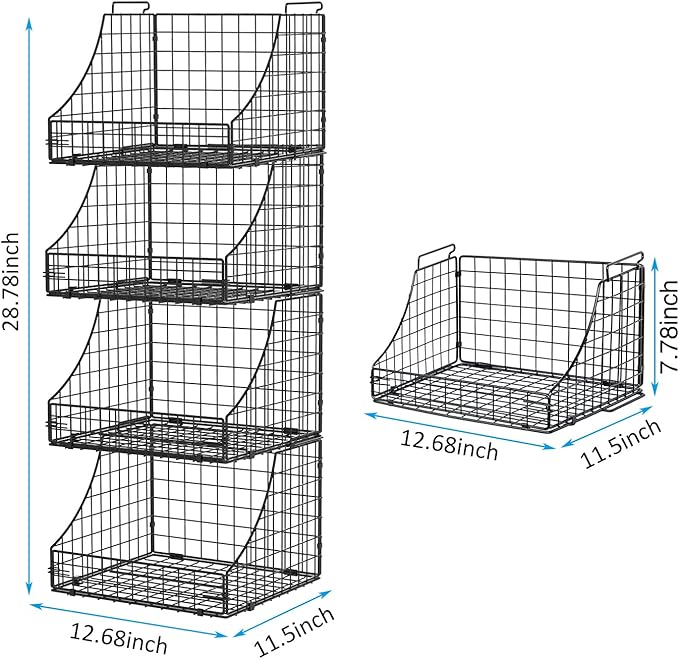 4-Pack Stackable Wire Baskets for Closet Organizers and Storage, Open Storage Bins for Clothes, Toys, and Snacks - Rustic Metal Closet Organizer and Shelves in Black