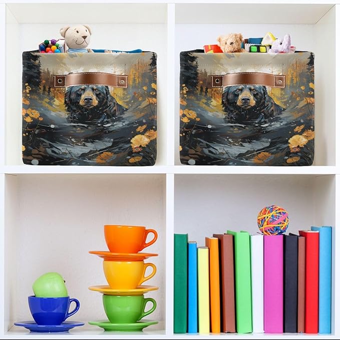Storage Basket Black Bear in The Forest Durable Canvas Collapsible Toy Box Organizer Bin with Handles for Shelf Closet Bedroom Home Office