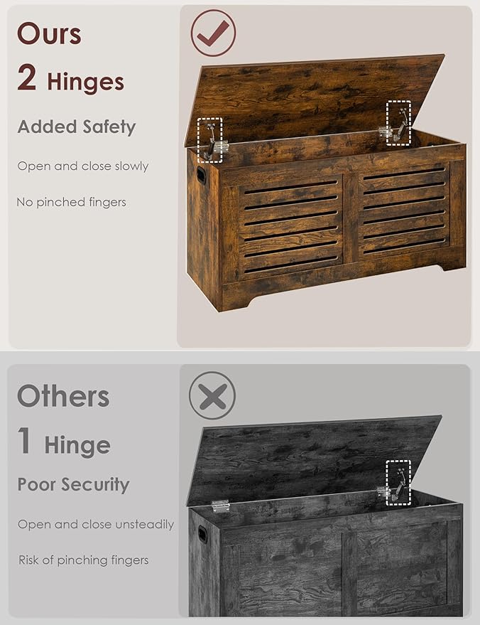 DINZI LVJ Storage Chest, 43.3â Wooden Toy Box with 2 Safety Hinges, Retro Entryway Shoe Storage Bench with Flip-Top, Sturdy Large Storage Trunk for Living Room, Bedroom, Easy Assembly, Rustic Brown