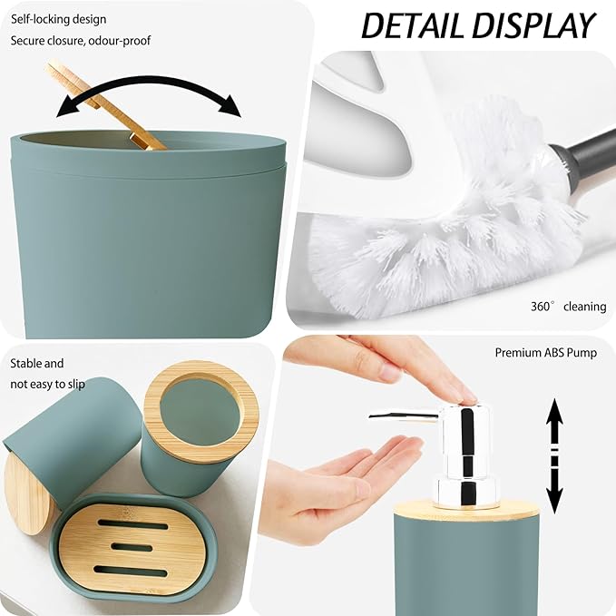 Lnond Blue Green Bathroom Set, Blue Green Abstract Cubes Bathroom Accessories Sets Complete, Luxury Restroom Set with Shower Curtain and Rugs, Trash Can, Toilet Brush Holder Set & Soap Dispenser