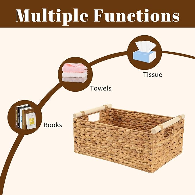 Wicker Storage Basket with Handles 13.6x9.5x5.6 Inch, Natural Woven Storage Baskets for Shelves Organization, Decorative Basket for Kitchen, Bathroom, Living Room Decor, Farmhouse Home Decor