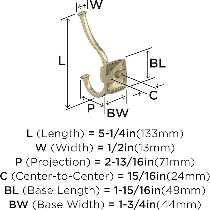 Amerock H37002BBZ | Kinsale Double Prong Decorative Wall Hook | Golden Champagne Hook for Coats, Hats, Backpacks, Bags | Hooks for Bathroom, Bedroom, Closet, Entryway, Laundry Room, Office