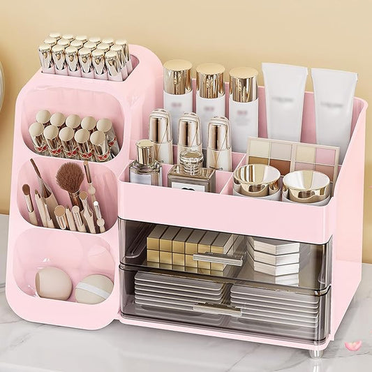 Makeup Organizer with Drawers, Skincare Organizer (Large Size Thick), Storage Box Cosmetic Display Cases, Make up Organizers for Vanity, Dresser, Desk, Kitchen, Countertop (Pink)