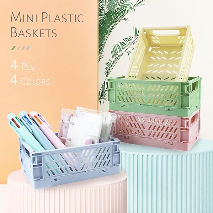 4 Pack Mini Plastic Baskets for Shelf Storage Organizing, Small Plastic Baskets, Folding Storage Crate for Home Kitchen Classroom Bedroom Bathroom Office (5.9 x 3.8 x 2.2 in)