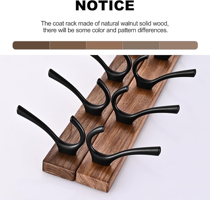 17.3" Small Walnut Wood Coat Rack Wall Mount with 5 Hooks, Heavy Duty Wooden Jacket Hanger Door Mounted for Decorative Entryway and Bathroom Hanging Towel Backpack Purse Clothes Hat Key