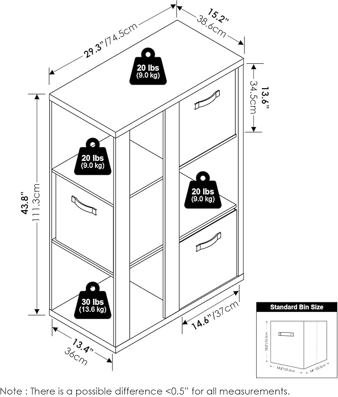 Furinno Viola Book Shelf, 3-Tier Bookshelf, Cube Storage Organizer Bookcase with Open Shelf, with Storage Bins, 13.6 x 29.3 x 43.8, for Living Room, Bedroom, Home Office, Dark Oak/Black