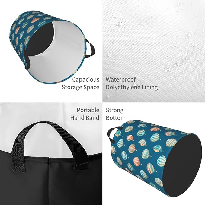 Cute Hot Air Balloons Round Laundry Hamper Storage Basket Toys Clothes Organizer Bin For Home Bathroom Bedroom Dorm Nursery, 62l