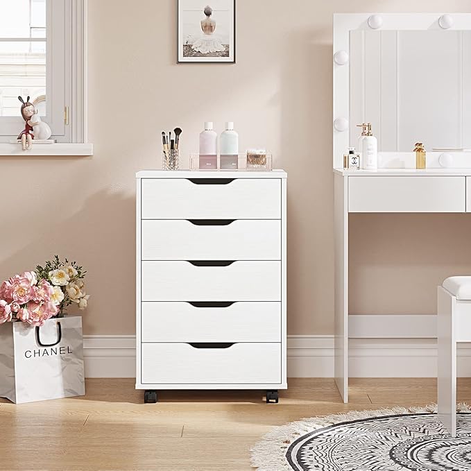 Panana 5/7 Drawer Chest, Wooden Tall Dresser Storage Dresser Cabinet with Wheels, Office Organization and Storage, Bedroom Furniture (White, 5 Drawer)