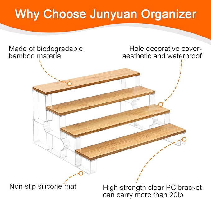 junyuan Bathroom Organizers and Storage,4 Tier Spice Rack Organizer for Countertop,Kitchen Countertop Organizers and Storage Shelf,Bamboo Tiered Display Stand,Clear Extended Width 14"