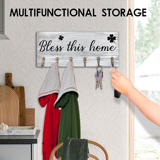 Key Holder Wall Mount with Words “Bless This Home”, Rustic Wooden Key Hanger with 6 Hooks for Farmhouse Home Entryway Living Room Decor - Light Grey