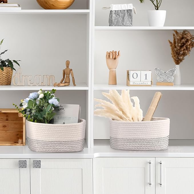 Sawysine 6 Pcs Storage Baskets Bulk for Organizing Cotton Rope Woven Basket with Handles for Gift Cloth Shelves Blanket Toys Living Room Bathroom(White Grey)