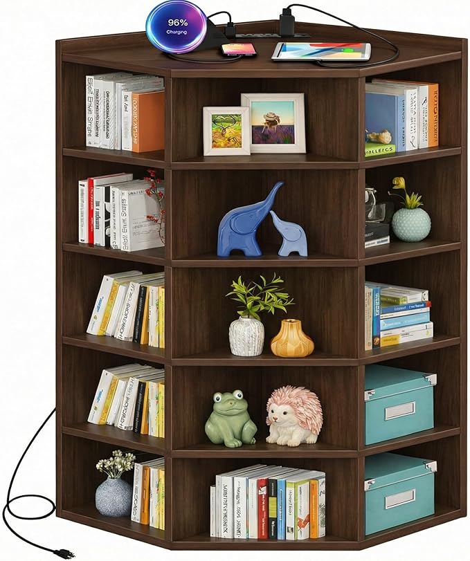 Aheaplus Corner Cabinet, 6-Tier Corner Bookshelf with Power Outlets, Corner Cube Storage Shelf with Top Table, Wooden L Shaped Cubby Toy Storage for Home Office, Bedroom, Living Room, Black Walnut