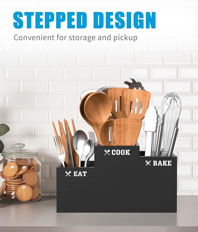 Livelab Utensil Holder with 3 Compartments, Wooden Utensil Holder for Kitchen Counter Decor, Vintage Farmhouse Cooking Flatware Countertop Organizer for Silverware Fork Spoon Spatula | Black