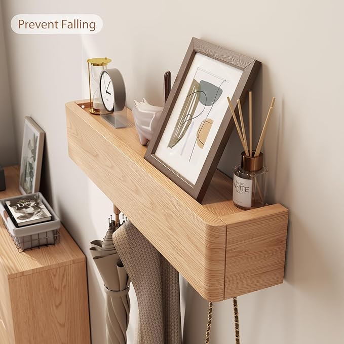 Solid Wood Wall Mounted Coat Rack with Shelf Hooks - Modern Floating Shelves with 5 Hidden Hooks, Heavy Duty Entryway Coat Key Holder Hanger for Hallway Bathroom Bedroom Home Decor