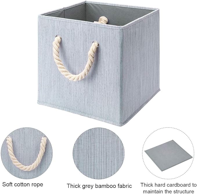 i BKGOO Foldable Storage Cube Bins Grey Bamboo Fabric Collapsible Resistant Basket Box Organizer with Cotton Rope Handle for Home Office and Nursery 10.5x10.5x11 inch