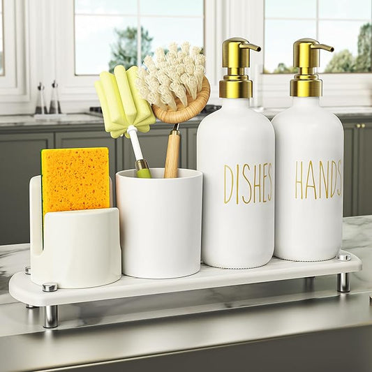 Cisily Gold Kitchen Soap Dispenser Set with Ceramics Sponge Holder and Brush Holder, Gold Pumps, and Instant Dry Tray, Hand and Dish Soap Dispenser Set Suitable for Kitchen Decor and Accessories