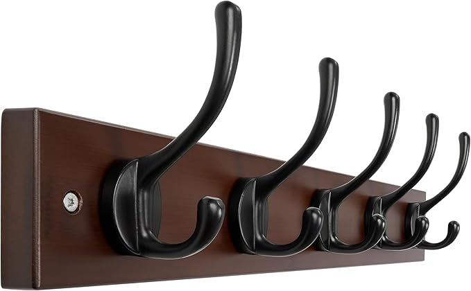 Dseap Wall Mounted Coat Rack: 16" Hole to Hole, Coat Hook Hanger with 5 Metal Hooks for Hanging Coats Towels Hats Clothes,Light Walnult
