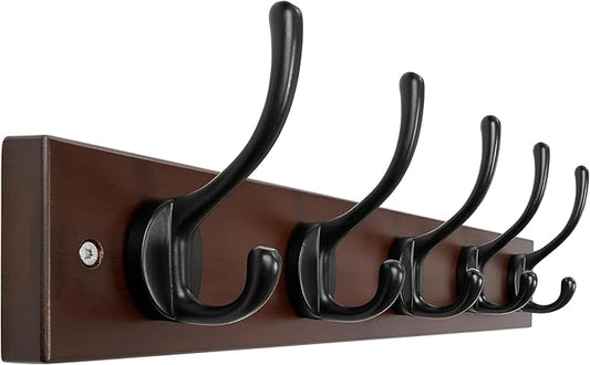 Dseap Wall Mounted Coat Rack: 16" Hole to Hole, Coat Hook Hanger with 5 Metal Hooks for Hanging Coats Towels Hats Clothes,Light Walnult