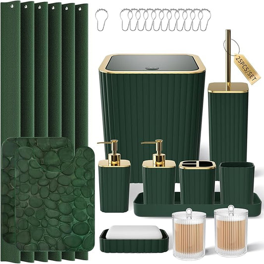Bathroom Accessory Set - 25PC Green Bathroom Sets, Bathroom Set with Shower Curtain and Rugs, Dark Green Shower Curtain Set, Trash Can, Qtip Holder & Soap Dispenser