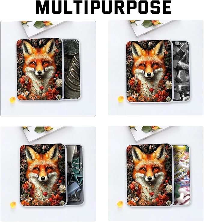 Metal Tin Box with Lid,Multi-functional Storage Box Can Store Tea Biscuits Game Cards, Playing & Tarot Cards-Comes with 4 Magnetic Cord Clips,Fox Surrounded by Flowers