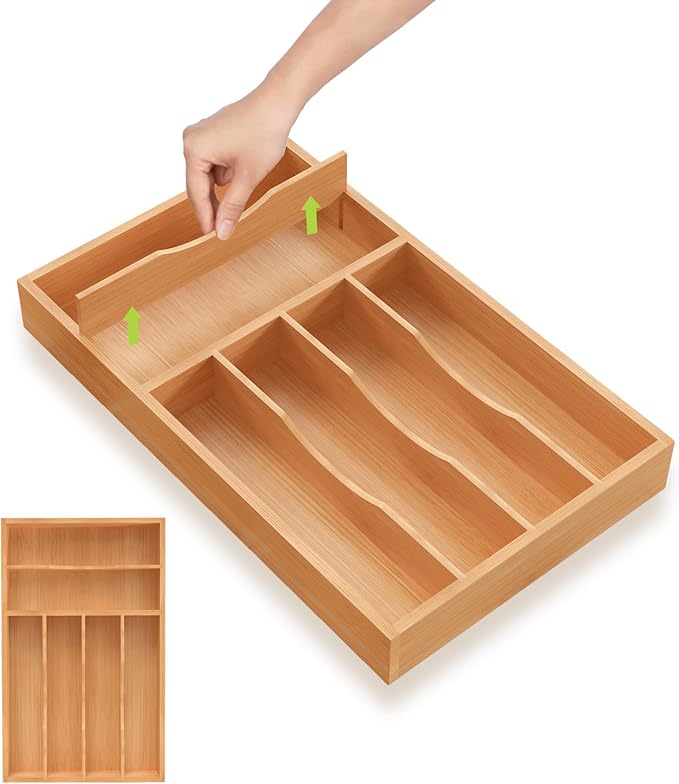 Bamboo Utensil Drawer Organizer with flexible dividers, Kitchen Organizer for Flatware Cutlery, Silverware Tray for Drawer (Natural, 10 x 16 Inch (6 Slots))