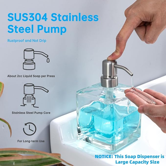 Square Bathroom Soap Dispenser Brushed Nickel, Large Capacity 16.9 oz Glass Bottles with Stainless Steel Pump Retangle Cube Liquid Soap Dispenser Kitchen
