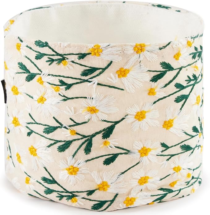 HAUSFRAU Decorative Storage Baskets - Round Embroidered Jacquard Baskets for Home Decor and Organizing - Small Storage Box and Organizer Bins, 6"x6"x6", White Daisy