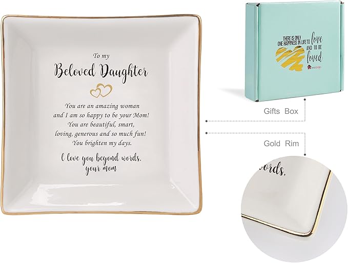 HOME SMILE Gifts for Daughter From Mom Ring Dish Jewelry Tray,Birthday Mother's DayãGifts for Adult Daughter -I Love You Beyong Words,Your Mom