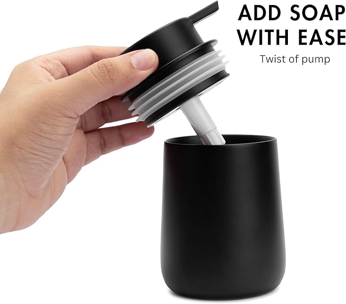 Matte Black Round Soap Dispenser for Kitchen & Bathroom – 9 oz Refillable Resin Pump Bottle for Dish Soap, Hand Soap, Shampoo, Conditioner – Modern Countertop Dispenser with Non-Slip Protective Pads