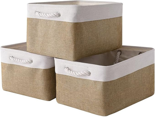 Rectangular Fabric Storage Baskets for Organizing, Shelves, Decorative & Gift (White & Peru)