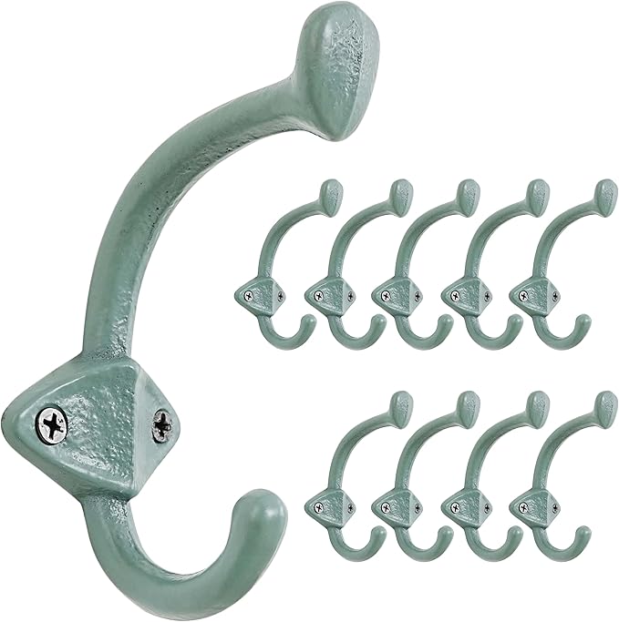 Dseap Cast Iron Wall Hooks L=5”, Heavy Duty Coat Hooks, Rustic Vintage Farmhouse Hook for Hanging Winter Coats Jackets Towels Hats Bags Plants, Mint Green, Pack of 10 (ShieldBold)