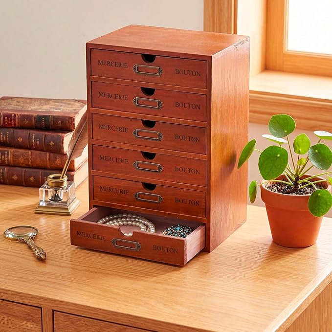 Wesiti 6 Drawer Vintage Wooden Desk Organizer, Apothecary Cabinet Storage Drawers, Rustic Shelf Drawer, Home Office Organizers and Accessories, Embroidery Floss, Craft, Art, Jewelry Storage, Stackable