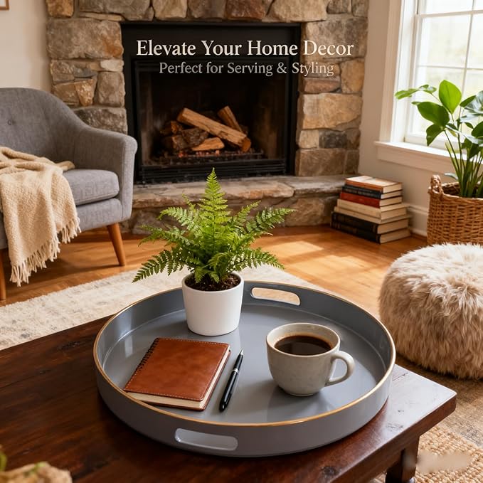 Zosenley Decorative Tray, Round Plastic Tray with Handles, Modern Vanity Tray and Serving Tray for Ottoman, Coffee Table, Kitchen and Bathroom, Size 13â (Gray)