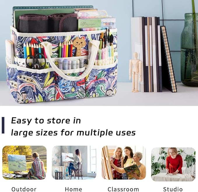 E-WEICHEN Craft Organizer Tote Bag Art Storage Caddy with Multiple Pockets Containers for Art,Craft,and Office Supplies Storage.Line Drawing