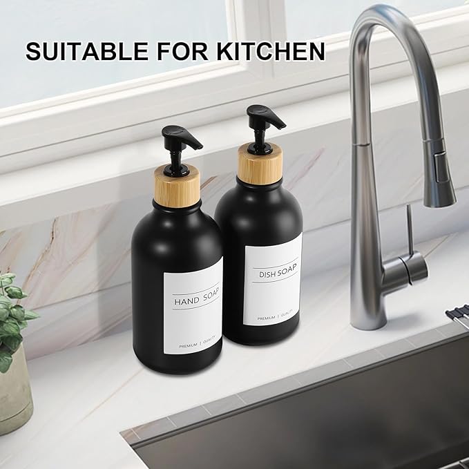 Hand Soap Dispenser Bathroom, Black Dish Soap Dispenser for Kitchen, 17 Fl Oz Plastic Hand and Dish Soap Dispensers Set with Bamboo Pump, 2 Pack Refillable Liquid Lotion Containers Bottle