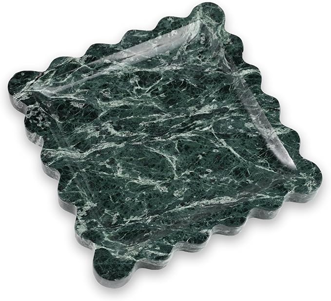 Elegant Square Marble Decorative Tray with Scalloped Edge Natural Stone Vanity Tray Organizer for Counter, Vanity, Dresser, Nightstand, Bathroom & Kitchen Sink(Verde Alpi Green)