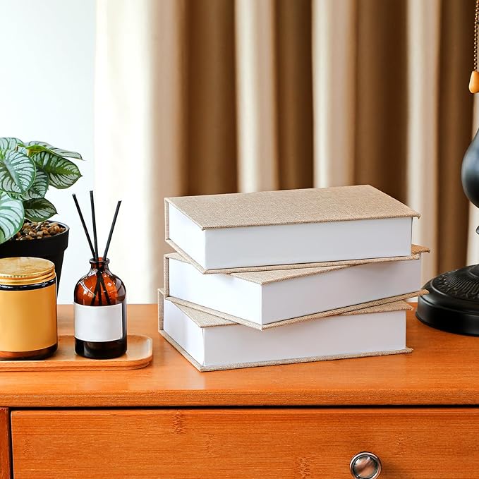 Tioncy 3 Pcs Fake Book Box Neutral Linen Book Box Decorative Faux Prop Storage for Farmhouse Home Decor shelf Table Card Photo DIY Keepsake Gift(8.6 x 6.1 x 1.8 Inch,Khaki)