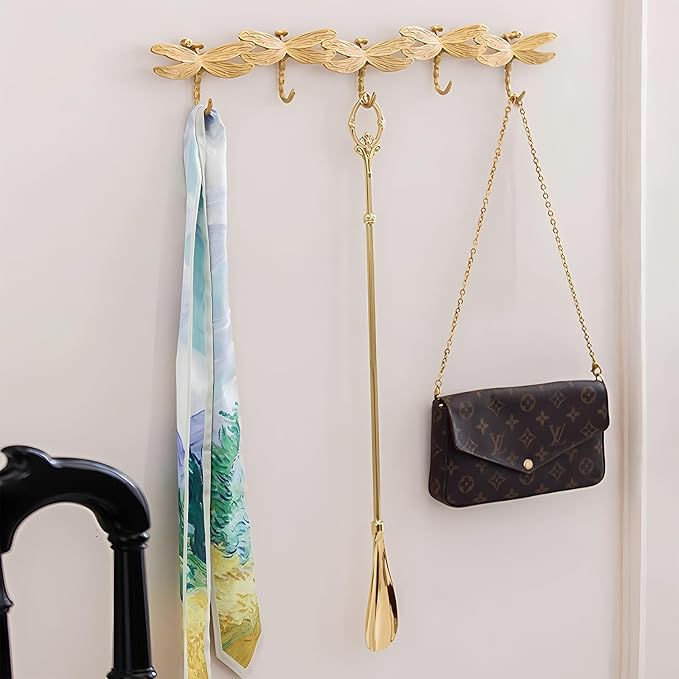 Gold Coat Rack Wall Mounted - 5 Tri Hooks, Heavy Duty, Brass Coat Hook Rail for Coat Hat Towel Purse Robes Mudroom Bathroom Entryway