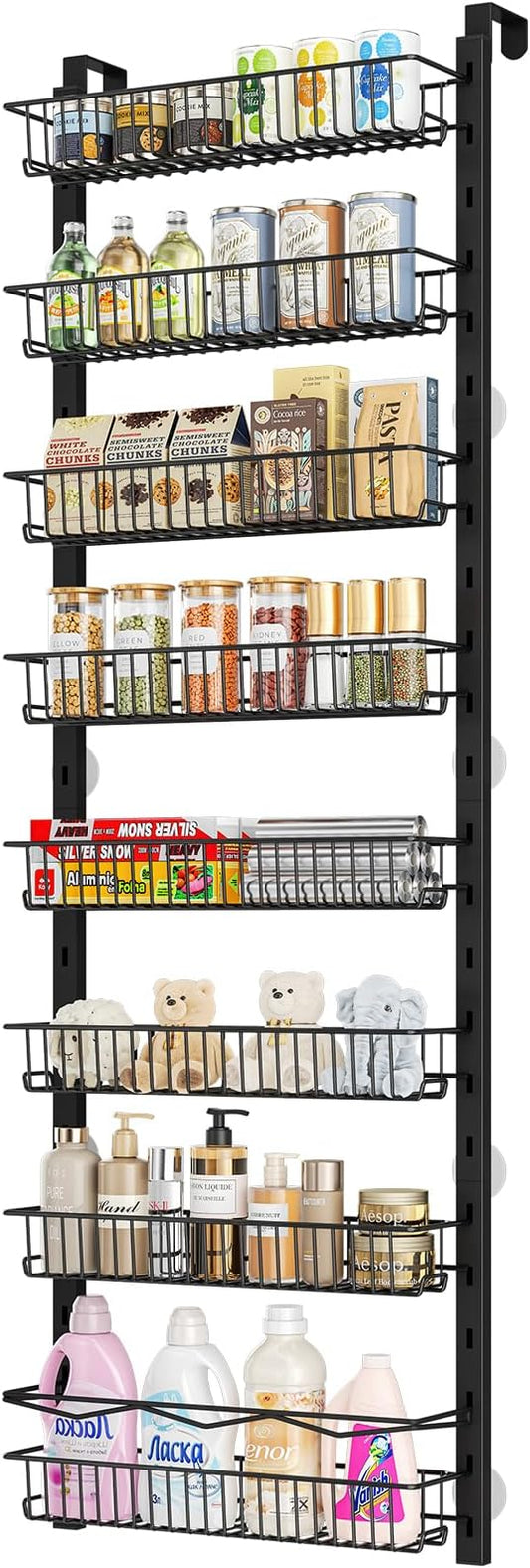 MIAOLI Over the Door Pantry Organizer, 8-Tier Adjustable Spice Rack Cabinet Door Shelves, Hanging Seasoning Organizer for Kitchen Bathroom, Laundry Room Organization, Black