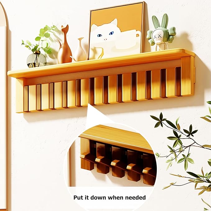 Wall Mounted Coat RackHooks Piano Key Hangers Natural Solid Wood Hanger Non-Woven Fabric Clothes Hangers for Closet, Kitchen, Bedroom, Bathroom, Entryway (Tray Walnut-Beech, 6 Hooks)