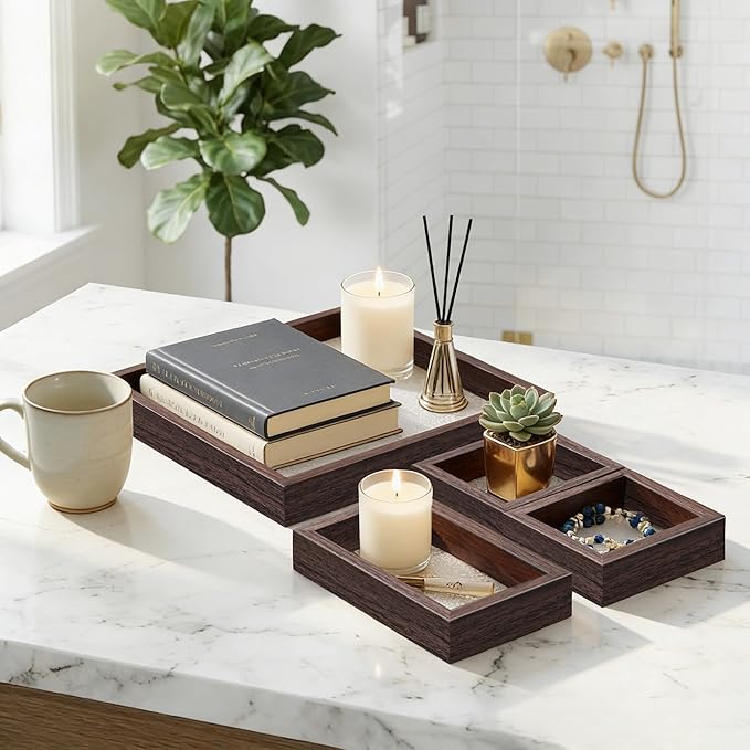 Small Bathroom Countertop Wooden Tray Set of 4 for Vanity and Toilet Tank, Stackable Desk Drawer Organizer, Walnut