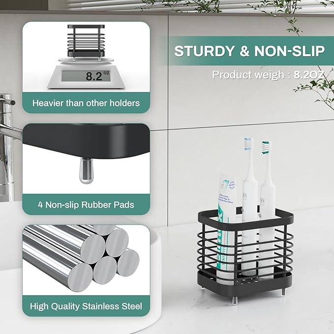 Black Electric Toothbrush Holder for Bathroom, Toothpaste Caddy Organizer Storage with Drainage, Stainless Steel Kids Tooth Brush Stand for Countertop Sink, Bathroom Accessories Decor