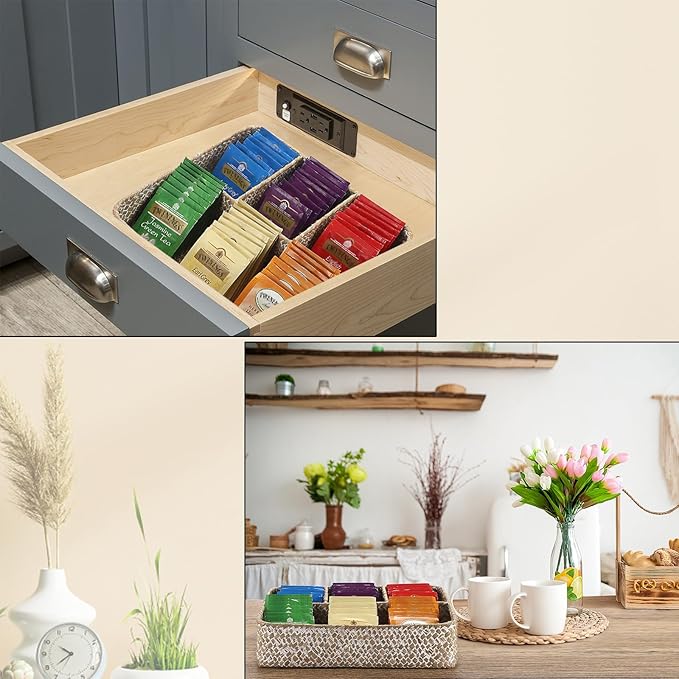 ELLDOO Tea Bag Organizer Tray, Sugar Packet Holder Coffee Pod Storage Condiment Organizer Seagrass Divided Basket for Pantry Coffee Bar Drawer Shelf Countertop, Whitewash