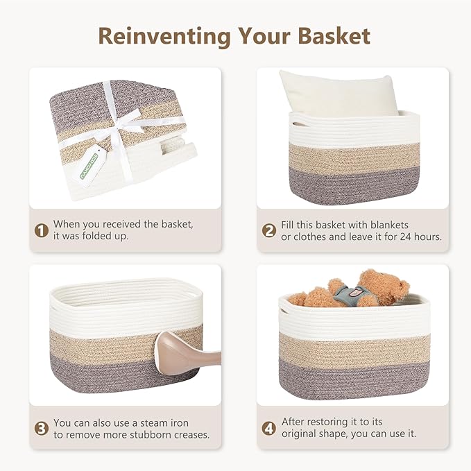 Cotton Rope Storage Basket, 15x10x9 Inches, Woven Basket for Shelves, Clothes, Towels, Books, and Laundry, White Brown (2 Pack)