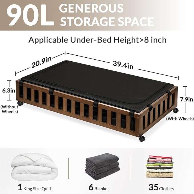 2 Pack Bamboo Under Bed Storage with Wheels, 39âx20âx7.8â Lager Under Bed Storage Containers (Brown)